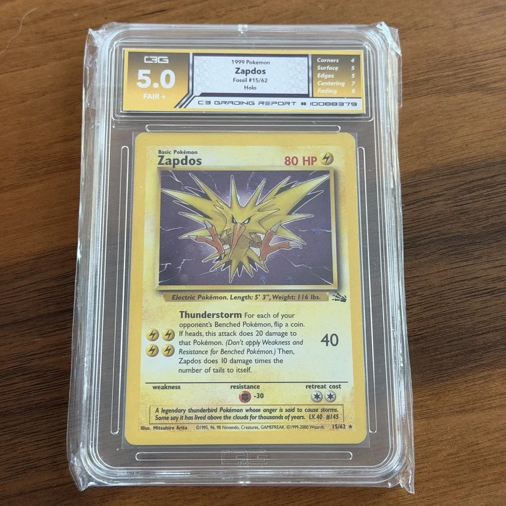 Pokemon TCG Zapdos 15/62 Fossil Holo Rare Unlimited 1999 English C3 Grading 5